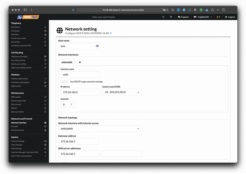 Network interface setup in MikoPBX